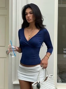 Aloruh 初秋深V領修身中袖藍綠色女款T恤 - 藏蓝色 - 查看 6