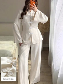 Modelyn Fall/ Elegant New Chinese Style Frog Button Stand Collar 2 Pieces Set Long Sleeve Top Minimalist Fashion Elegant Casual Outfit Dinner Formal White - Apricot - View 2