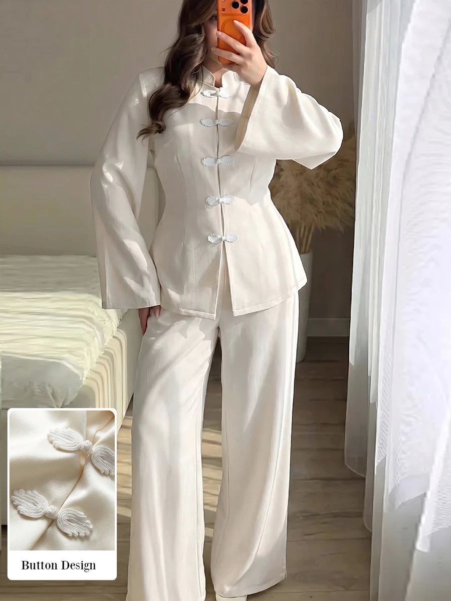 Modelyn Fall/ Elegant New Chinese Style Frog Button Stand Collar 2 Pieces Set Long Sleeve Top Minimalist Fashion Elegant Casual Outfit Dinner Formal White