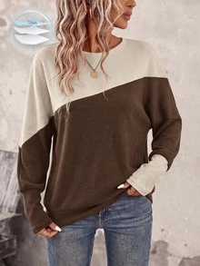 SHEIN LUNE Women's Colorblock Patchwork Batwing Sleeve Sweatshirt - Brown - View 8