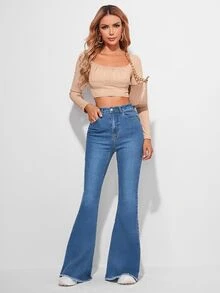 EMERY ROSE Raw Hem Flare Leg Vintage Jeans - Medium Wash - View 1