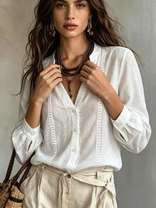 SHEIN Women's French Style Versatile Single-Breasted Long Sleeve Shirt - White - View 4