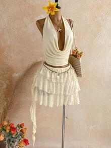 Soleia Women's Plus Size White Lace Vacation 2 Pieces Set - Beige - View 6