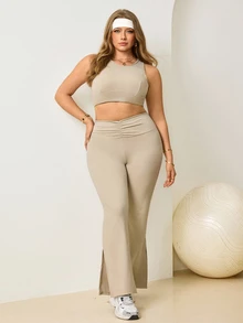 Easithlete Set Olahraga Wanita Ukuran Besar dengan Bantalan Terintegrasi untuk Yoga, Jogging, dan Pilates - Khaki - View 5