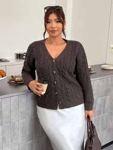 Firerie Maillard Coffee Color V-Neck Cable Knit Loose Lazy Long Sleeve Vintage Sweater Cardigan Winter - Brown - View 6