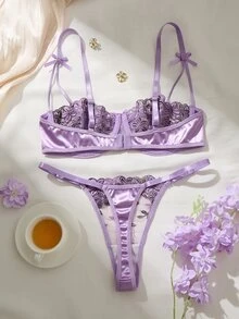 SHEIN 紫色浪漫田園風女款刺繡性感兩件套 - 紫丁香色 - 查看 2