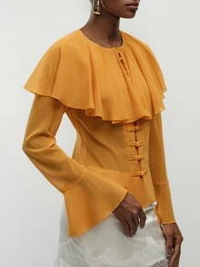 Aveloria Modichic Blus Wanita Lengan Panjang Elegan Warna Kuning Keemasan Polos Bahan Chiffon dengan Kerah Syal, Kancing Katak Cina, Manset Bergelombang, dan Pinggang Terikat, Cocok untuk Acara Brunch di Musim Panas. - Kuning - View 7