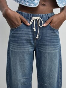 SHEIN ICON Plus Size Women's Drawstring Waist Pocket Casual Daily Travel Denim Jeans - Dark Wash - View 3