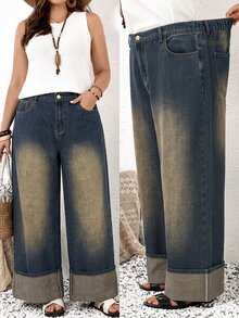 SHEIN ICON Plus Size Women's Casual Versatile Daily Wear Denim Jeans With Pockets And Buttons - Dark Wash - View 1