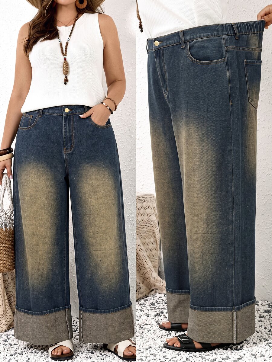 SHEIN ICON Plus Size Women's Casual Versatile Daily Wear Denim Jeans With Pockets And Buttons - Dark Wash - View 1