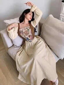 Feyla 女款提花對比蕾絲方領優雅長洋裝 - 杏色 - 查看 3