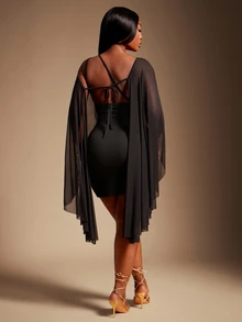 SHEIN SXY Plus Size Two-Piece Set: Black High-Elastic Knit Asymmetrical Halter Neck Tie Mini Fitted Dress With Folds And Mesh Asymmetrical Long-Sleeved Top. - Black - View 3