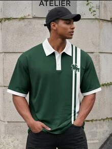 Manfinity Hypemode Men's Plus Size Classic Striped Color Block Horse Logo Polo Shirt, Summer Essential, Suitable For Daily Wear And Gatherings - Multicolor - View 3