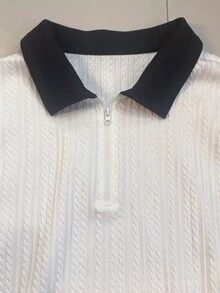 Manfinity Dauomo Men's Contrast Color Lapel Zipper Design Long Sleeve Business Casual T-Shirt - White - View 7