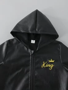 SHEIN 男童新款活力黑色PU皮革長袖連帽拉鍊開襟外套，時尚刺繡圖案，舒適面料，修身剪裁，秋冬新款，適合多季節與多場合，兒童套裝，小男孩夏秋套裝 - 黑色 - 查看 6