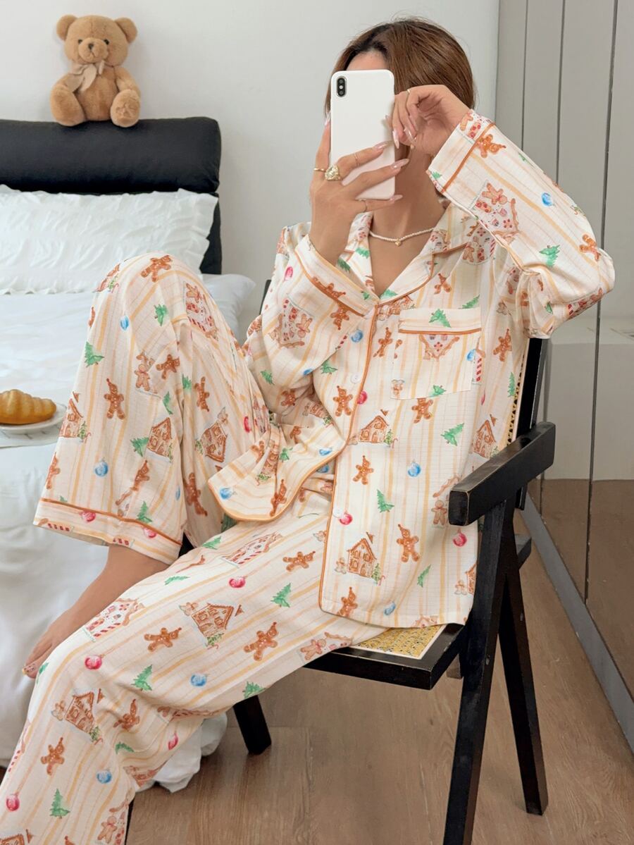 Napfluff Cute Gingerbread Man & Little Cabin Print Lapel Pajama Set, Long Sleeve Long Pants Casual Comfortable Loungewear - Yellow - View 1