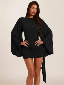 SHEIN BAE Autumn/Winter Solid Gray Round Neck Flare Long Sleeve Backless Tight Sexy Mini Dress, Basic Dress, Music Festival Dress, Birthday Dress, Brunch Dress, Y2K, Nightclub Party Gathering, Cocktail Party Dress, Nightclub Party Sexy Short Dress, Backless Sexy Dress - Black - View 5