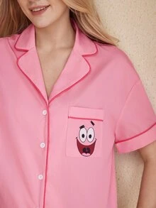SpongeBob SquarePants | SHEIN 女款卡通印花短袖上衣與短褲休閒居家睡衣套裝 - 淺粉色 - 查看 6
