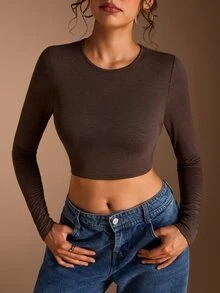 SHEIN BASICS 女款純色圓領長袖短版修身T恤 - 棕色 - 查看 7