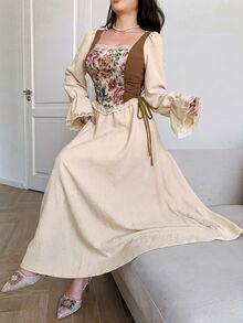 Feyla 女款提花對比蕾絲方領優雅長洋裝 - 杏色 - 查看 4