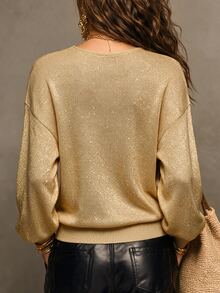 SHEIN Champagne Gold Glitter V-Neck Long Sleeve Knit Sweater For Women - Khaki - View 2