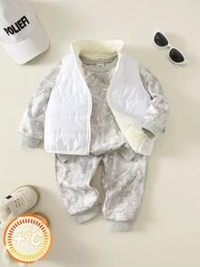 SHEIN 中性嬰兒男/女童、幼兒 3 件組秋冬保暖內裡加厚時尚灰色迷彩衛衣套裝與背心填充外套套裝，嬰兒冬季服飾，街頭風 - 灰色 - 查看 7