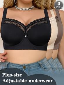 Snug Zone Plus Size Simple Underwire Lace Patchwork Non-Slip Wide Strap Bra 3 Pieces Set - Multicolor - View 1