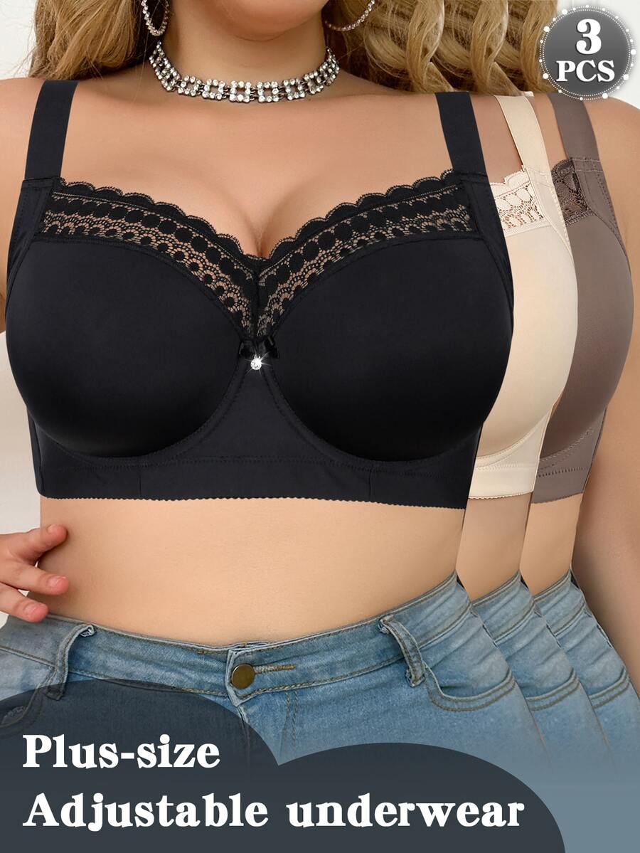 Snug Zone Plus Size Simple Underwire Lace Patchwork Non-Slip Wide Strap Bra 3 Pieces Set - Multicolor - View 1
