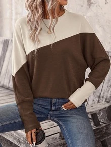 SHEIN LUNE Women's Colorblock Patchwork Batwing Sleeve Sweatshirt - Brown - View 3