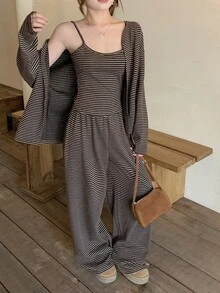 DAZY Women's Striped Long Sleeve Cardigan, Camisole And Pants Casual Set - Brown - View 7