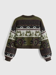 ROMWE Fairycore Plus Size Women's Mori Style Knit Cardigan, Vintage Totem Short Loose Sweater, Autumn/Winter Daily Outerwear - Multicolor - View 2