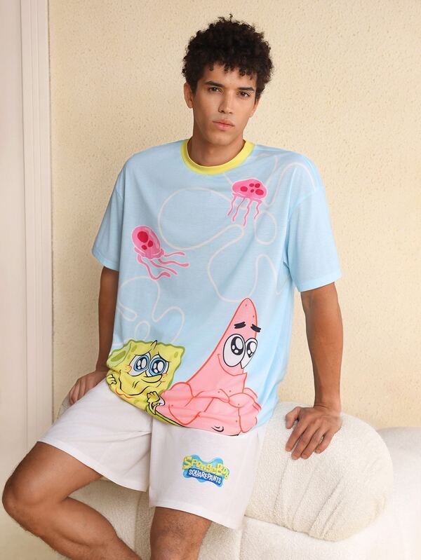 SpongeBob SquarePants | SHEIN Conjunto de ropa de estar en casa para hombre con top y pantalones cortos con estampado de dibujos animados