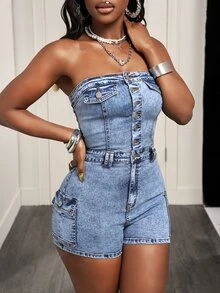 SHEIN PETITE Women's Single-Breasted Bandeau Cargo Pocket Denim Romper - Light Wash - View 4