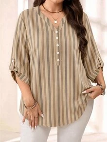 EMERY ROSE Khaki Striped Plus Size Shirt Suitable For Spring And Autumn - Multicolor - View 1