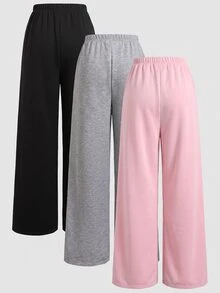 SHEIN Girlism 青少年女孩 3件組 針織寬腿時尚印花長褲 簡約系列 3入組 日常百搭 適合休閒運動校園風 棕色 - 彩色 - 查看 4
