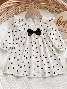 SHEIN Kids Kids Newborn Girl Polka Dot Kids Ruffle Bow Long Sleeve Dress - White - View 4