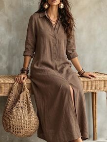 SHEIN LUNE CURVE Plus Size Solid Color Casual Lapel Front Slit Design Long Comfortable Linen Dress - Brown - View 4