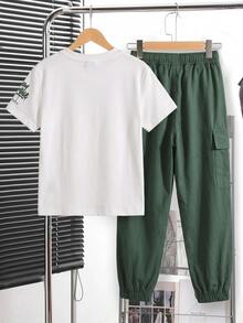 Tween Boy Letter Print Kids Short Sleeve T-Shirt And Long Pants Casual Daily Outfit - Multicolor - View 5