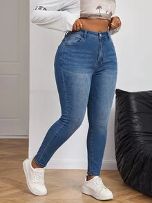 SHEIN MOD Plus Size Women's Pocket Skinny Casual Versatile Denim Jeans - Dark Wash - View 3