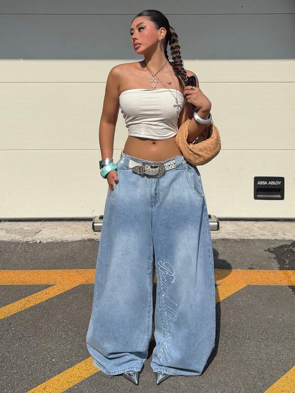 Muchica Jeans de uso diario casual con estampado de letras para mujer de talla grande