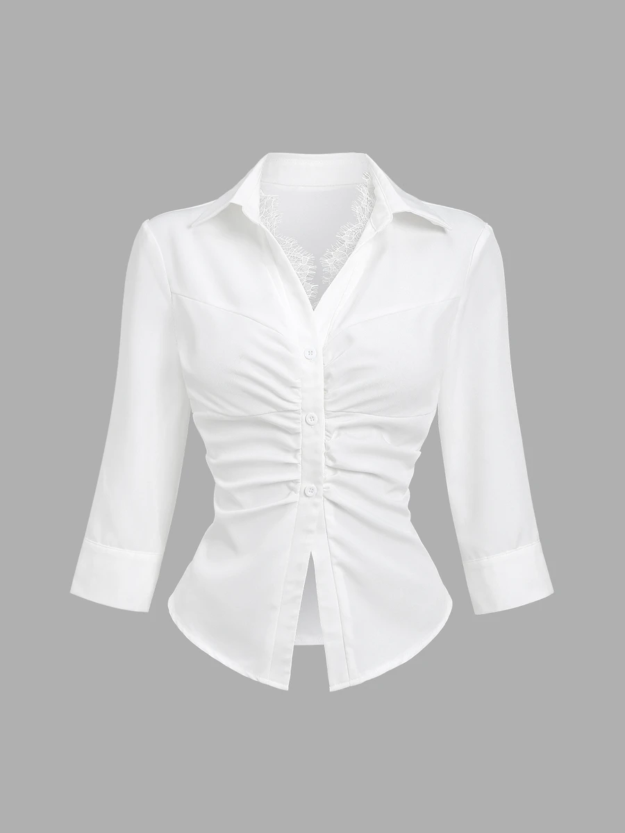 Sweetra Women's Solid Color French Chic Cinched Waist Pleated Single-Breasted Shirt - White - View 1