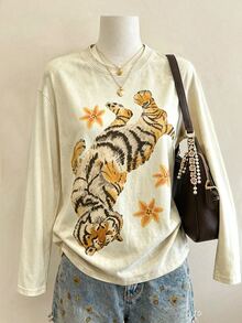 Lalippa Women's Tiger Print Round Neck Long Sleeve Casual T-Shirt - Apricot - View 1
