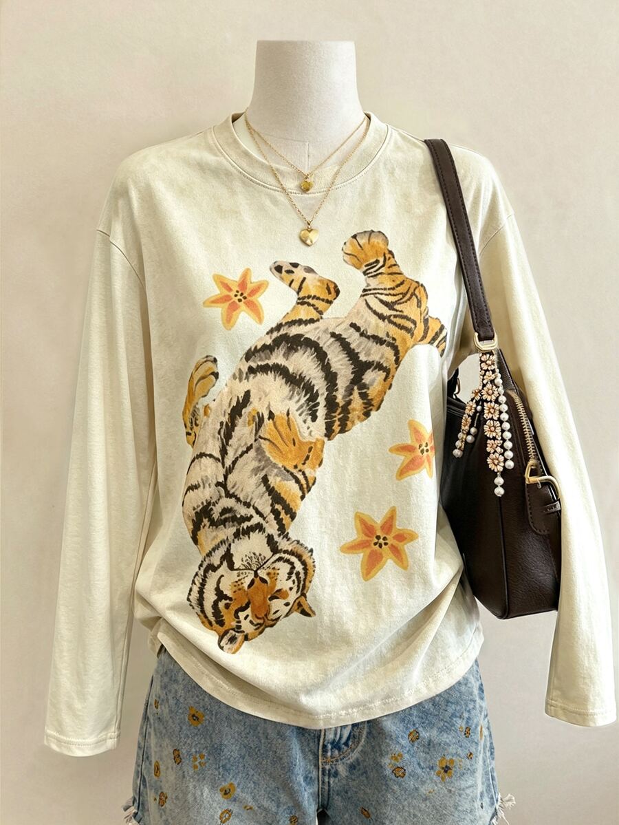 Lalippa Women's Tiger Print Round Neck Long Sleeve Casual T-Shirt - Apricot - View 1