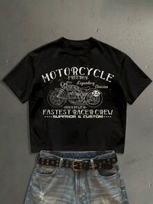 StoneGrade Men's Black American Vintage Motorcycle Print Cropped Loose Fit Short Sleeve T-Shirt - Black - View 1