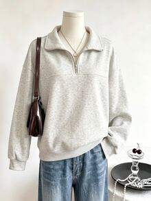 SHEIN 少女純色半拉鍊落肩長袖休閒運動衫 - 淺灰色 - 查看 3