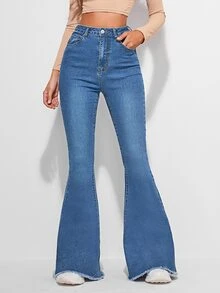 EMERY ROSE Raw Hem Flare Leg Vintage Jeans - Medium Wash - View 5