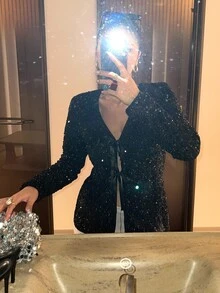 DAZY Women's Solid Color Sequin Front Tie Long Sleeve Elegant Blouse Fall - Black - View 7