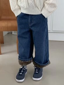 Dazy Kids Young Boys Loose Straight Leg Thermal Lined Long Pants Autumn/Winter Denim Washed Thick Jeans - Blue - View 6