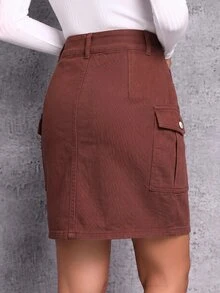 SHEIN Essnce 休閒水洗牛仔工裝裙 - 咖啡棕 - 查看 3