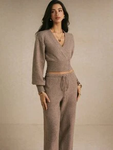 Poéselle Women's Solid Color Single-Breasted Dropped Shoulder Long Sleeve Knit Cardigan And Knit Pants Casual Set - Khaki - View 9